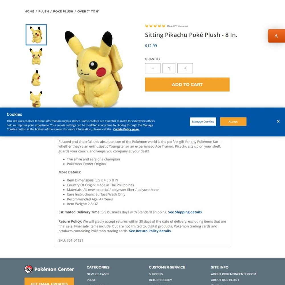 8 inch sitting pikachu plush